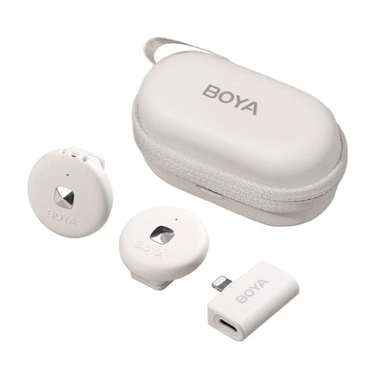 BOYA wireless mini microphone Kenya white variant front view with charging case and transmitter unit