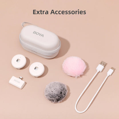 BOYA wireless mini microphone Kenya white kit with charging case, two transmitters, receiver, windshields, and USB-C cable