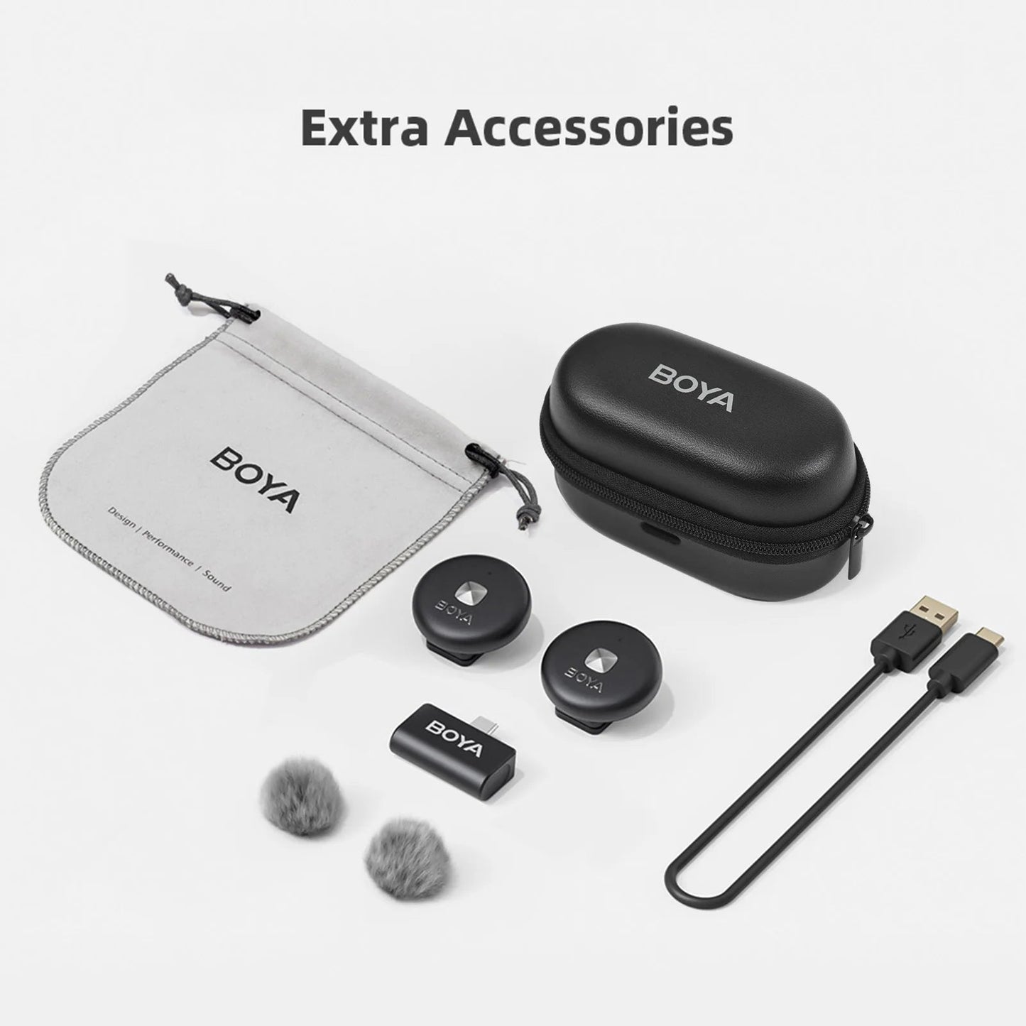BOYA wireless mini microphone Kenya black edition complete kit with zipper case, pouch, transmitters, windshields, and USB-C cable