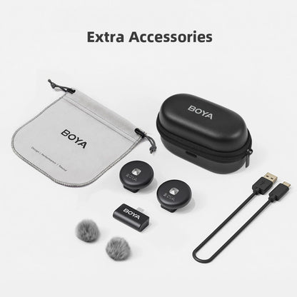 BOYA wireless mini microphone Kenya black edition complete kit with zipper case, pouch, transmitters, windshields, and USB-C cable