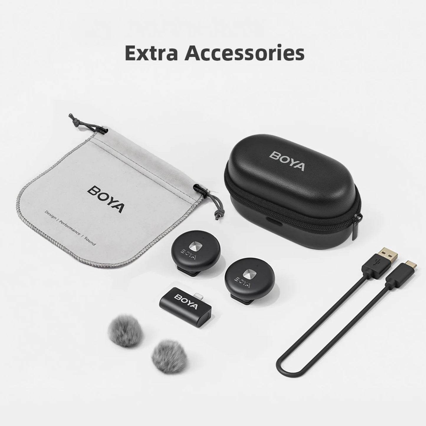 BOYA wireless mini microphone Kenya black kit with charging case, carrying pouch, transmitters, windshields, and USB-C cable