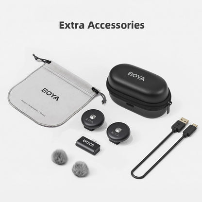 BOYA wireless mini microphone Kenya black kit with charging case, carrying pouch, transmitters, windshields, and USB-C cable