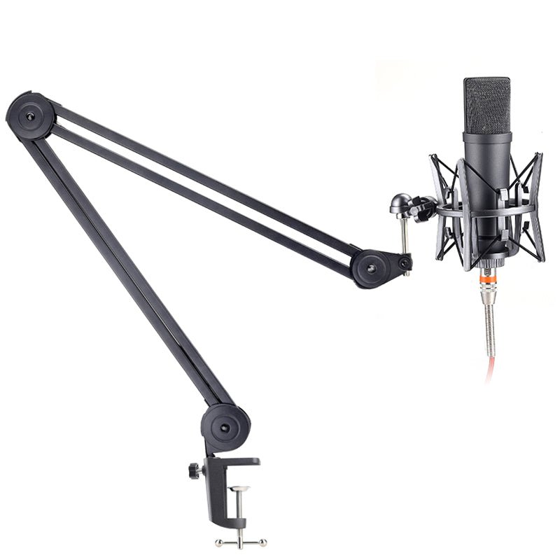 Boyong BY38 microphone arm Kenya — full scissor boom arm extended with desk clamp on white background