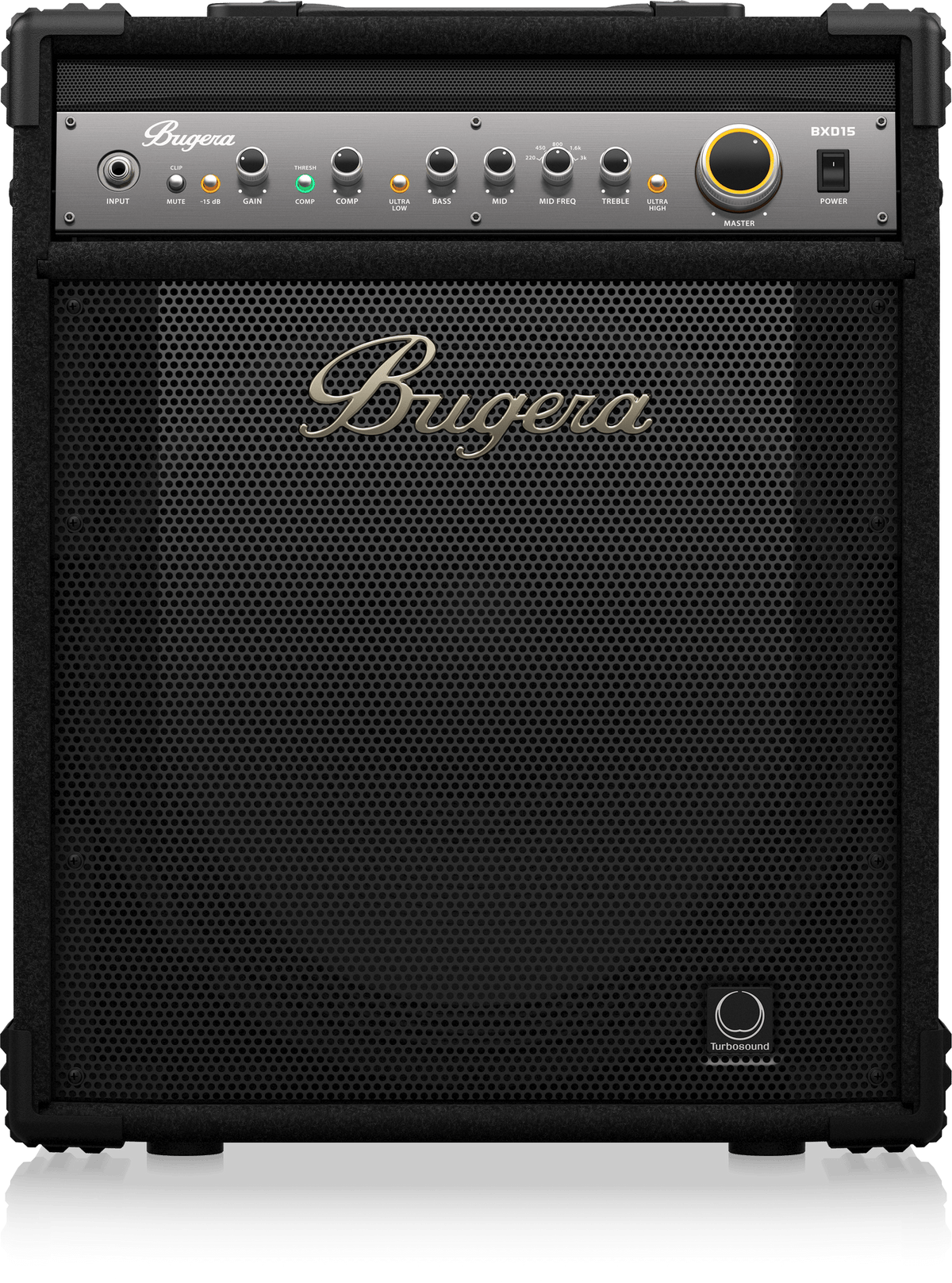 Bugera BXD15 bass amp Kenya — straight-on front view showing 15" TURBOSOUND grille and full control panel
