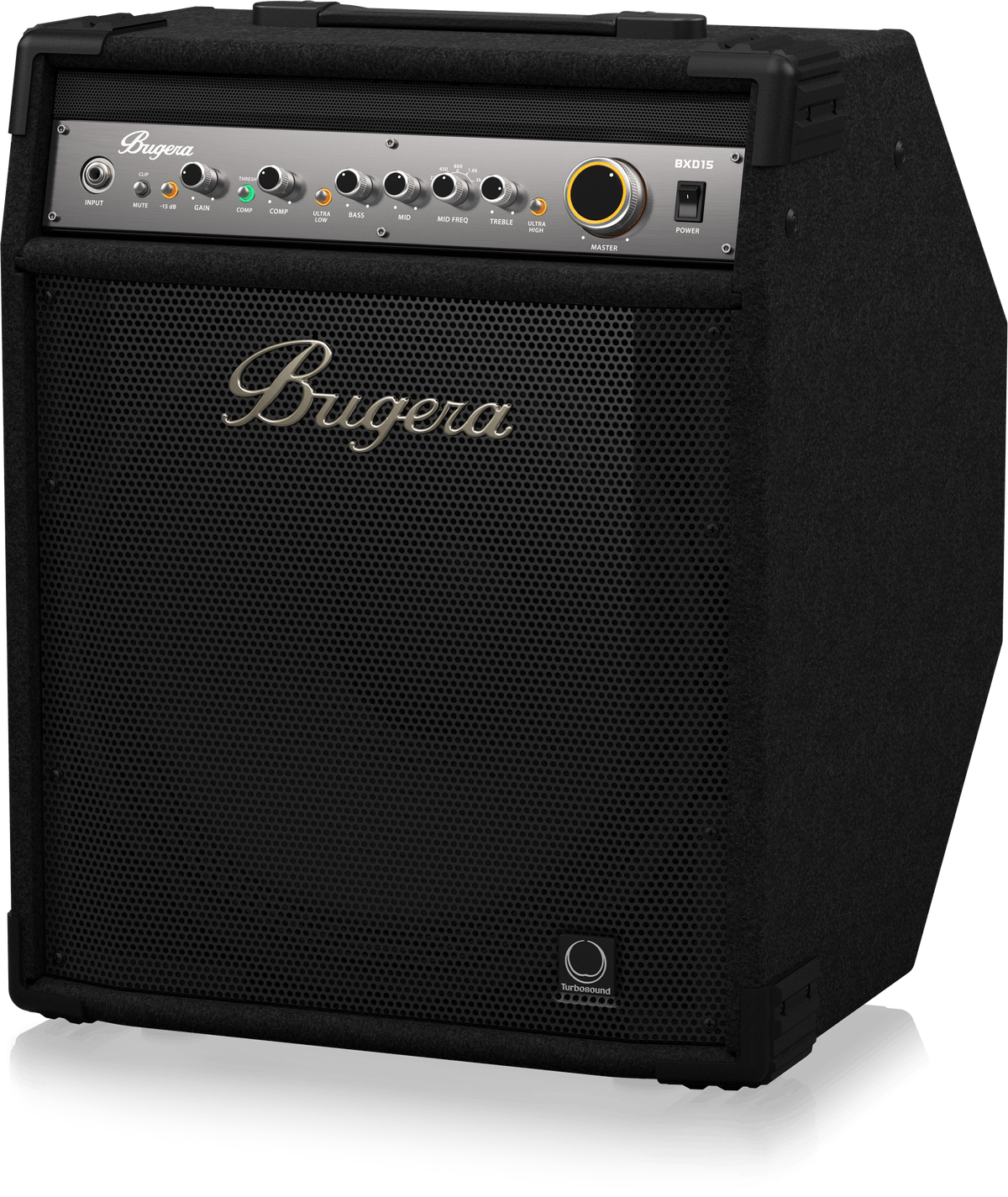 Bugera BXD15 bass amp Kenya — right-angle three-quarter view showing cabinet side profile and speaker grille