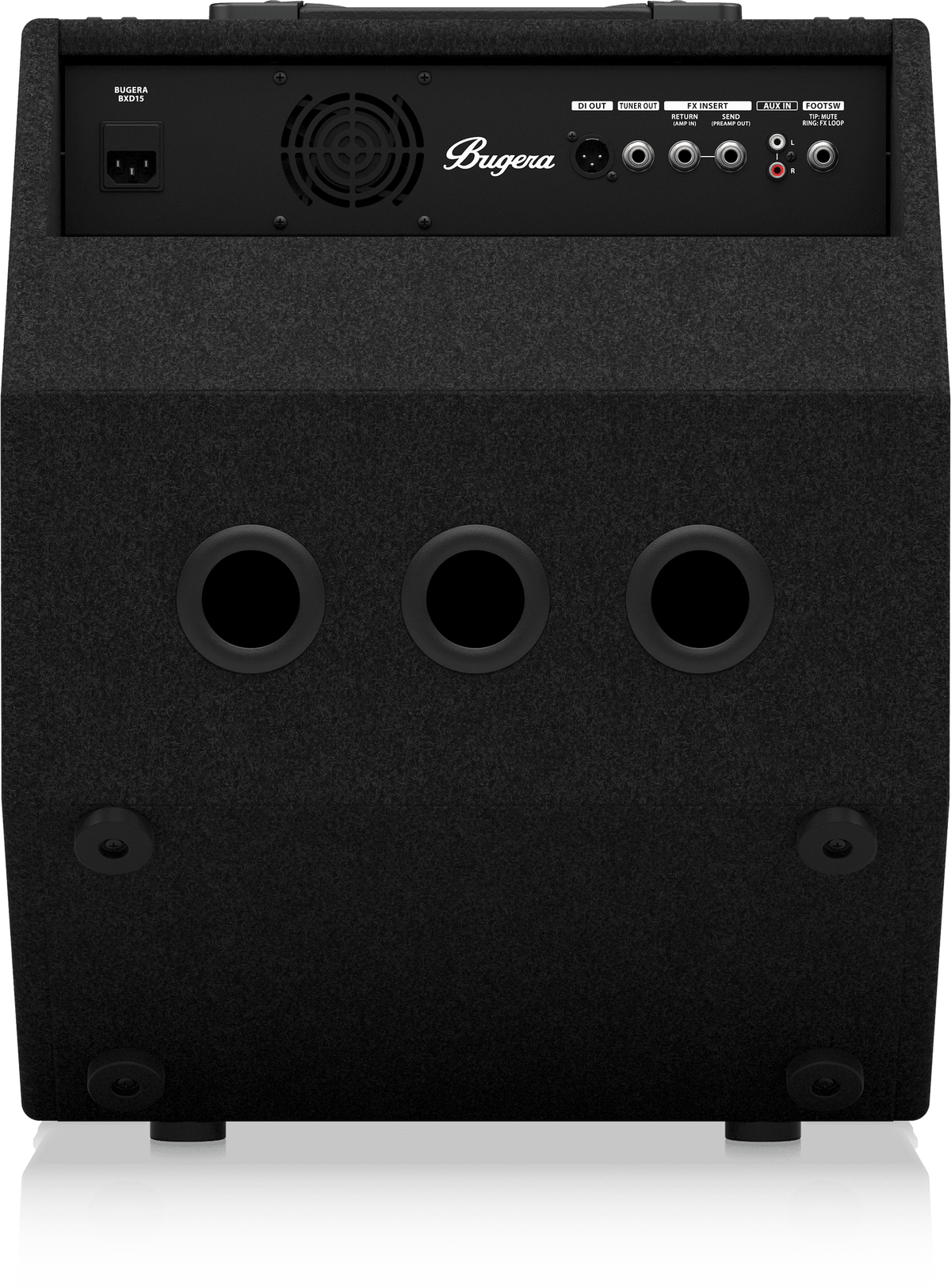Bugera BXD15 bass amp Kenya — rear panel showing DI out, FX loop, aux in, cooling fan, and three bass ports