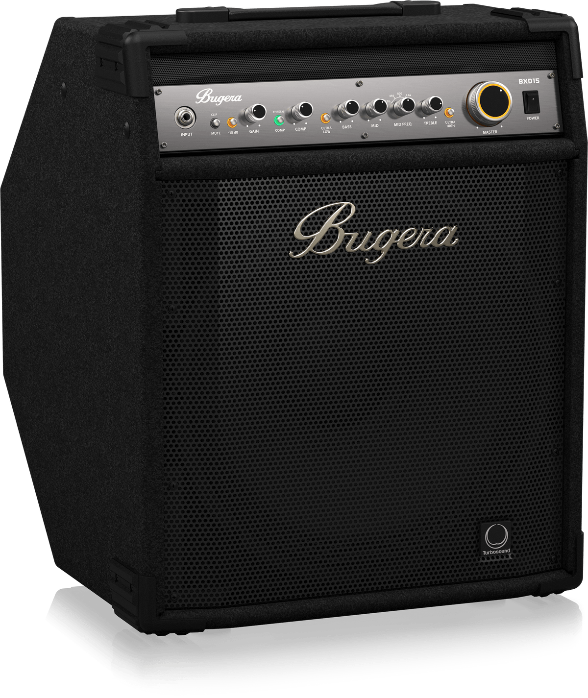 Bugera BXD15 bass amp Kenya — left-angle view showing cabinet depth, control panel, and Turbosound badge