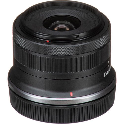 Canon EOS R100 Camera Kenya Canon 18-45mm lens angled front view with red alignment marks
