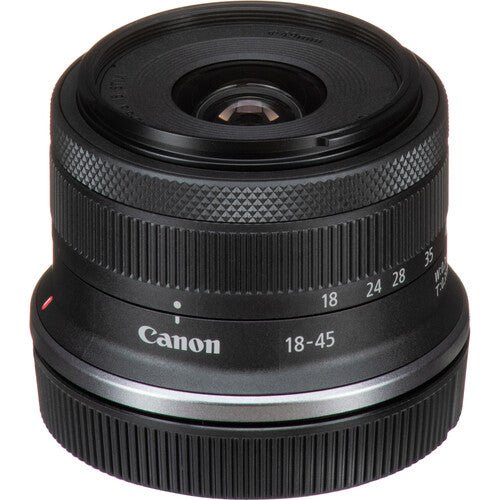 Canon EOS R100 Camera Kenya front view of Canon 18-45mm lens showing 18, 24, 28 and 35 markings