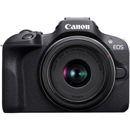 Canon EOS R100 Camera Kenya front view with Canon branding and attached RF-S 18-45mm lens