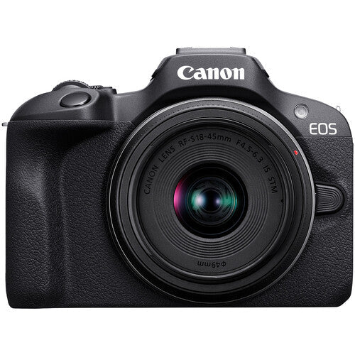 Canon EOS R100 Camera Kenya front view with Canon branding and attached RF-S 18-45mm lens