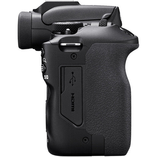 Canon EOS R100 Camera Kenya side view showing the textured grip and covered camera ports