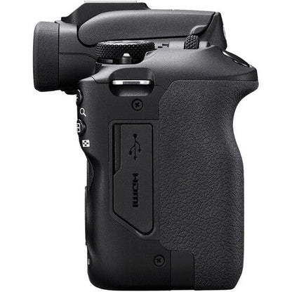 Canon EOS R100 Camera Kenya side view showing the textured grip and covered camera ports