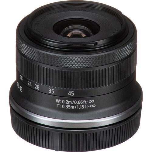 Canon EOS R100 Camera Kenya close view of the Canon 18-45mm lens front and zoom markings