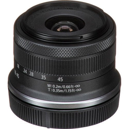 Canon EOS R100 Camera Kenya close view of the Canon 18-45mm lens front and zoom markings