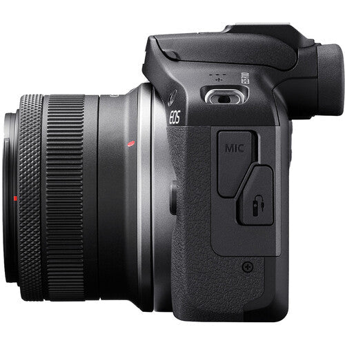 Canon EOS R100 Camera Kenya side view with attached lens and microphone connection cover