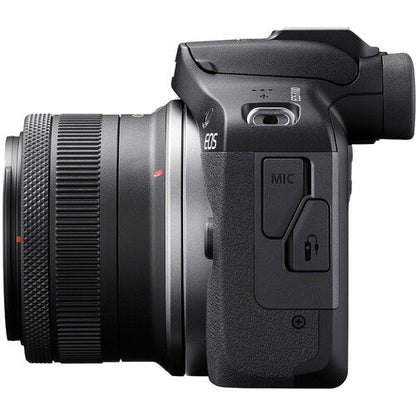 Canon EOS R100 Camera Kenya side view with attached lens and microphone connection cover