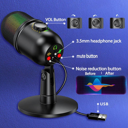 USB condenser microphone Kenya controls diagram showing VOL knob, 3.5mm headphone jack, mute button, noise reduction button, and USB port