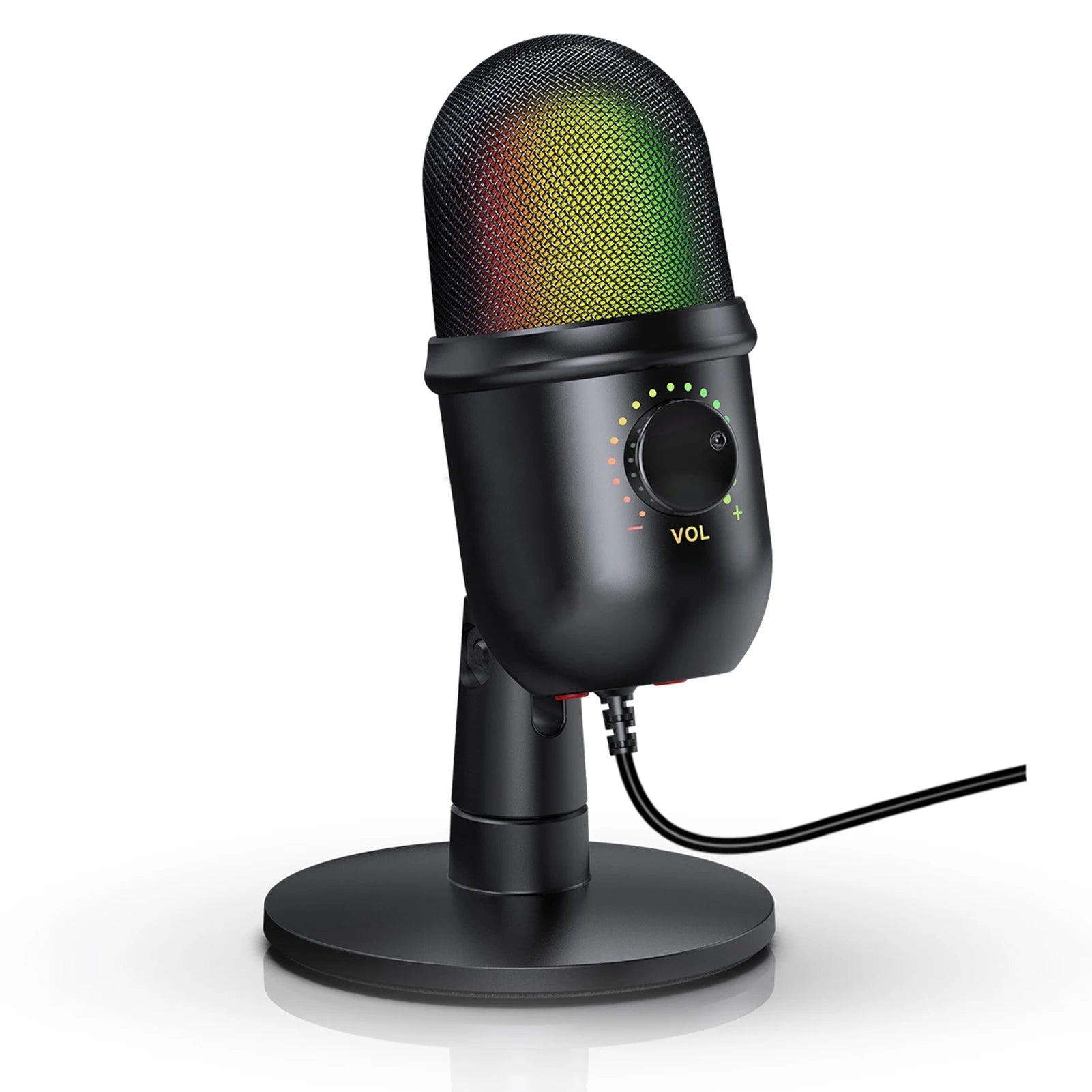 USB condenser microphone Kenya side profile showing RGB capsule grill, VOL knob, and adjustable desktop stand