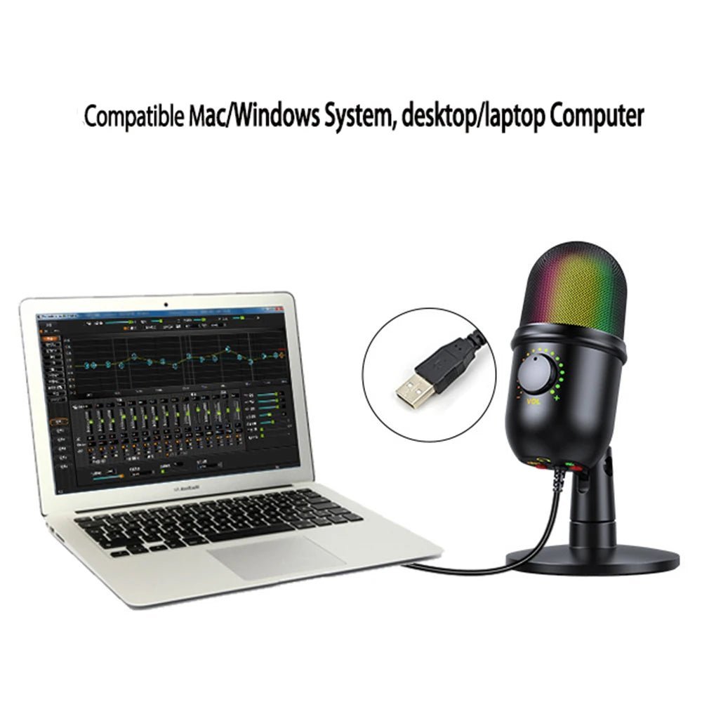 USB condenser microphone Kenya connected via USB-A to a laptop showing Mac and Windows compatibility
