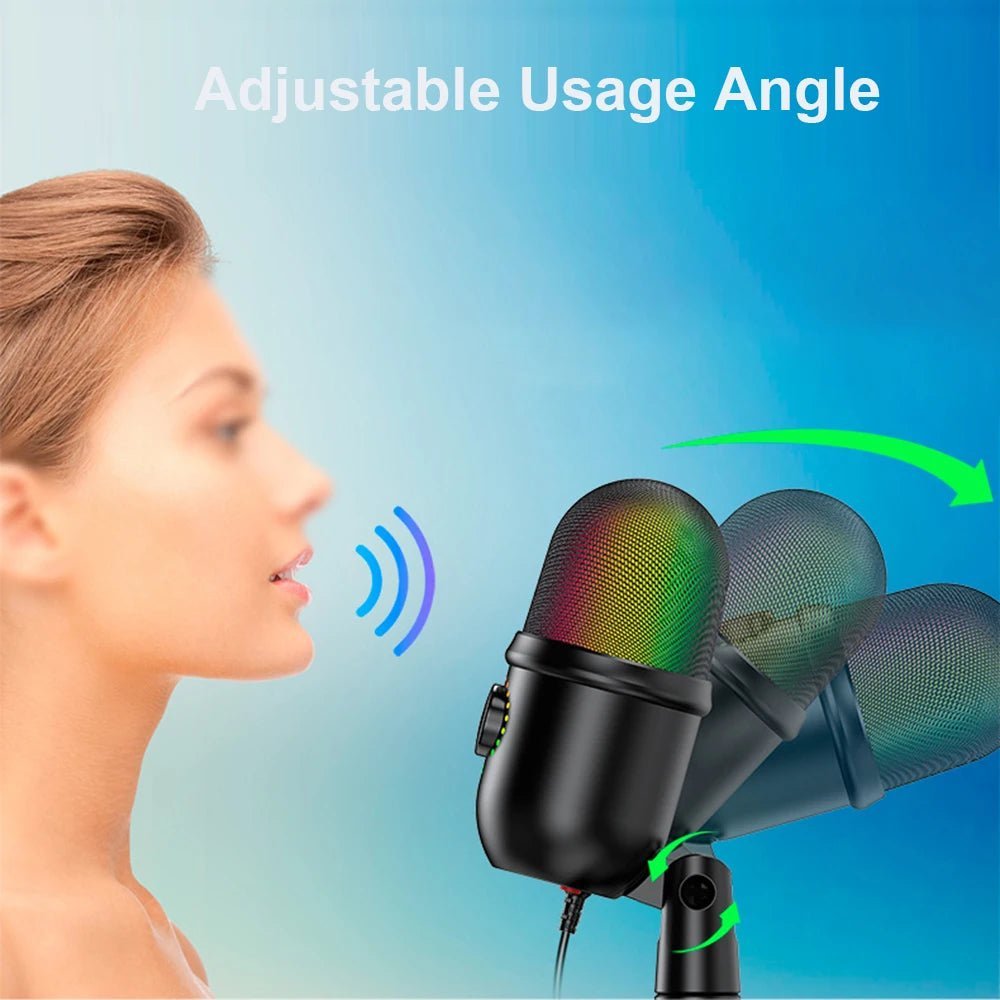 USB condenser microphone Kenya demonstrating adjustable tilt angle on desktop stand with cardioid pickup diagram