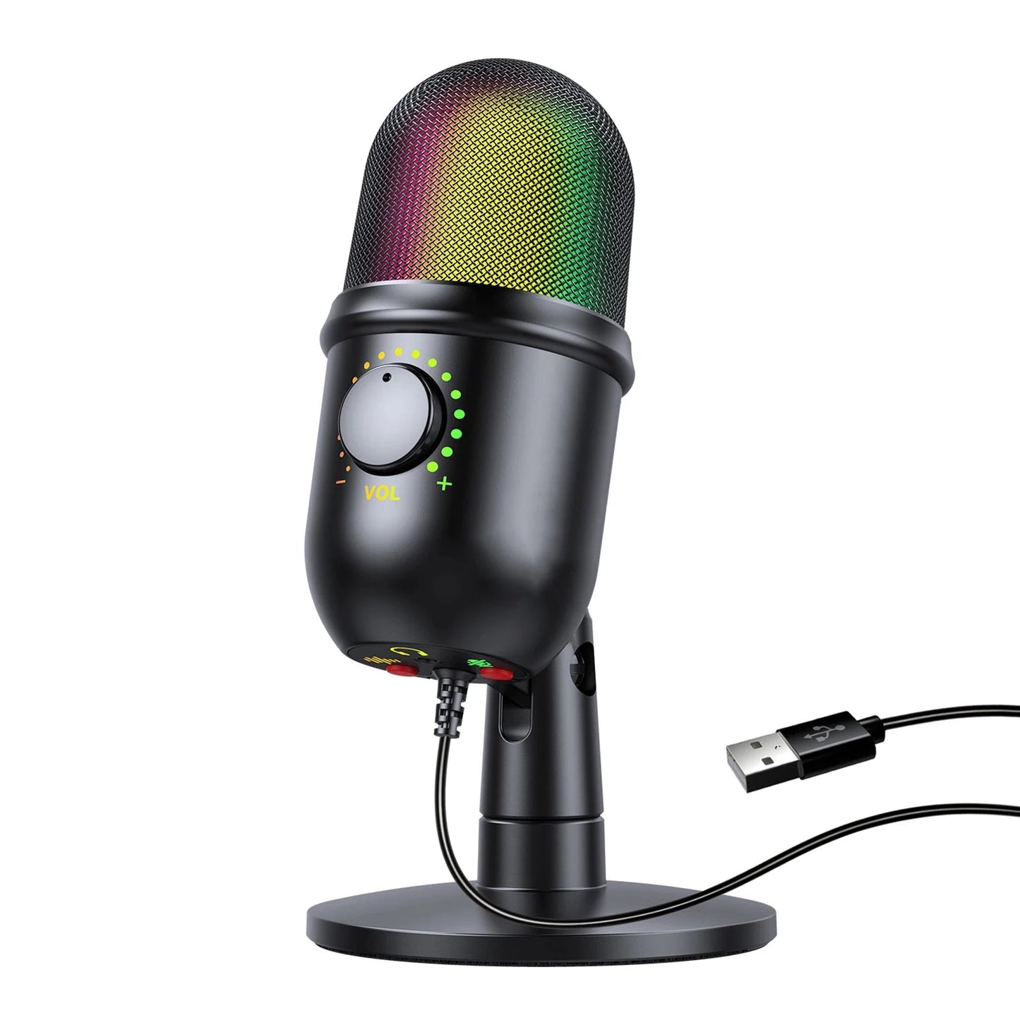 USB condenser microphone Kenya with RGB lighting, volume knob, desktop stand, and USB-A cable on white background