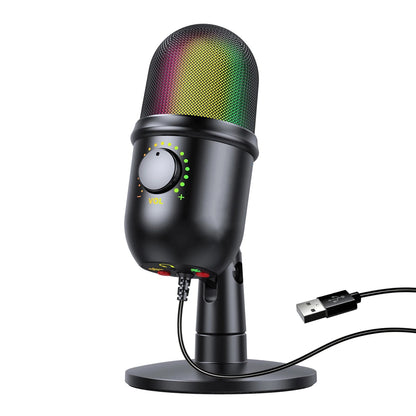 USB condenser microphone Kenya with RGB lighting, volume knob, desktop stand, and USB-A cable on white background