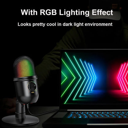 USB condenser microphone Kenya with RGB lighting effect glowing in dark gaming setup beside a monitor