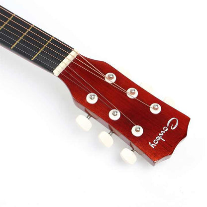 acoustic guitar Kenya beginners headstock with six tuning pegs and steel strings close-up