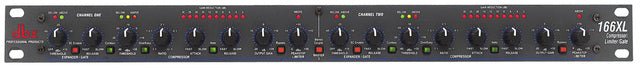 DBX 166XL compressor front panel showing dual-channel controls, VU meters, and threshold knobs