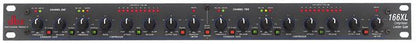 DBX 166XL compressor front panel showing dual-channel controls, VU meters, and threshold knobs