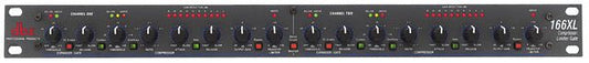 DBX 166XL compressor front panel showing dual-channel controls, VU meters, and threshold knobs