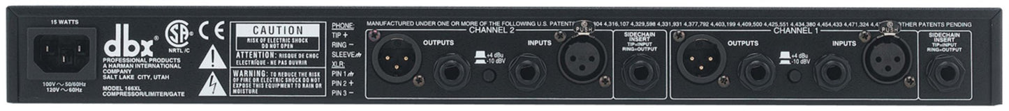 DBX 166XL compressor rear panel with balanced XLR and TRS inputs and outputs for studio and live use