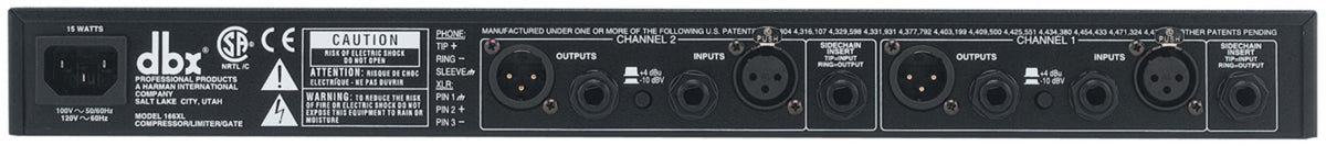 DBX 166XL compressor rear panel with balanced XLR and TRS inputs and outputs for studio and live use