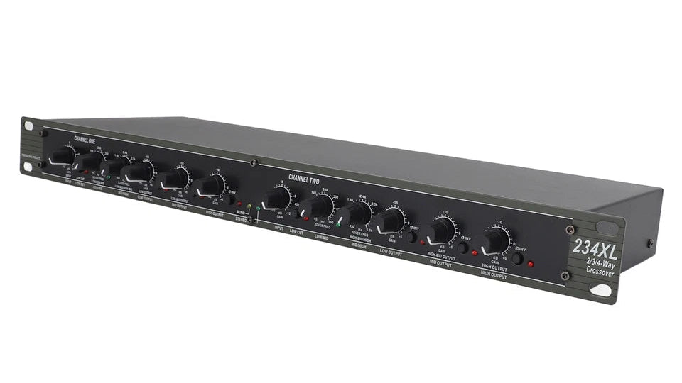 dbx 234XL crossover front panel showing mode switches, filter controls, and output level knobs