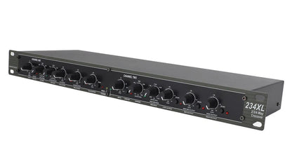 dbx 234XL crossover front panel showing mode switches, filter controls, and output level knobs