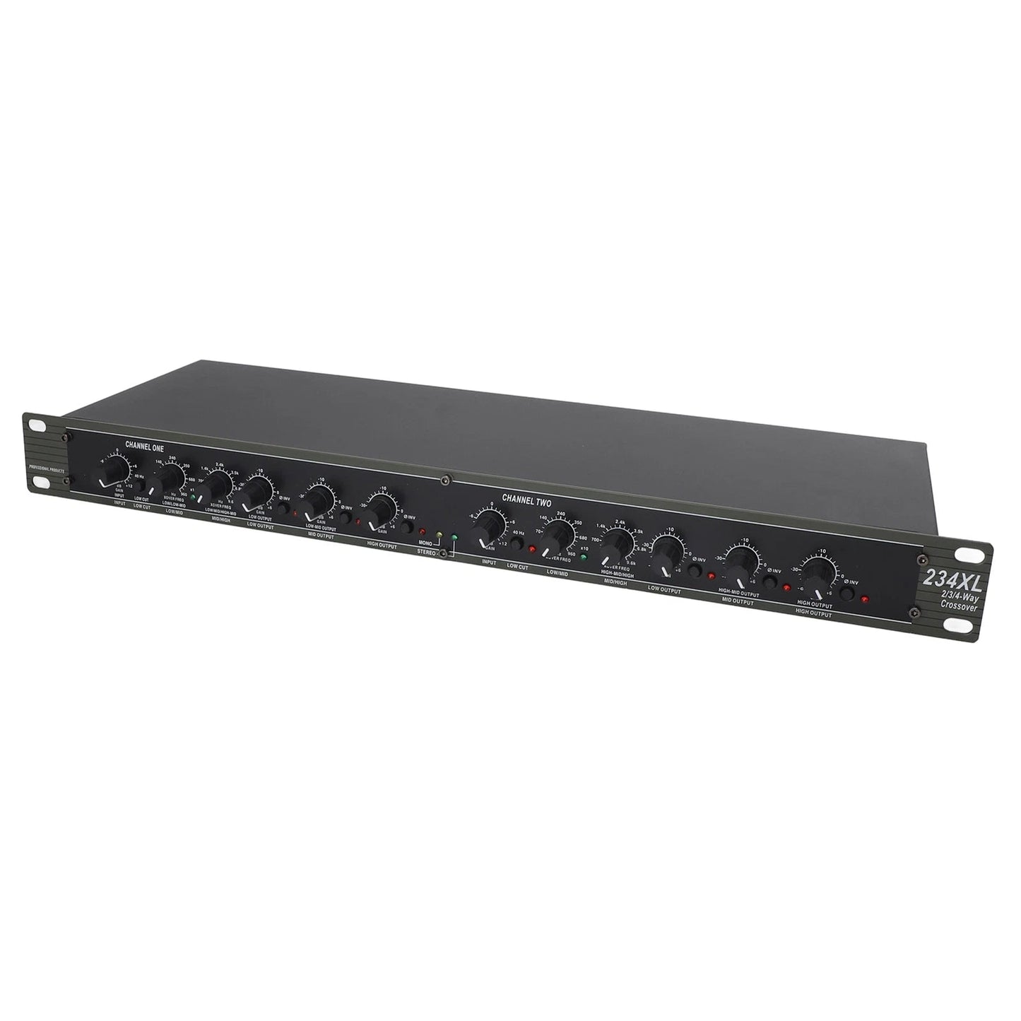 dbx 234XL crossover front panel showing mode switches, filter controls, and output level knobs