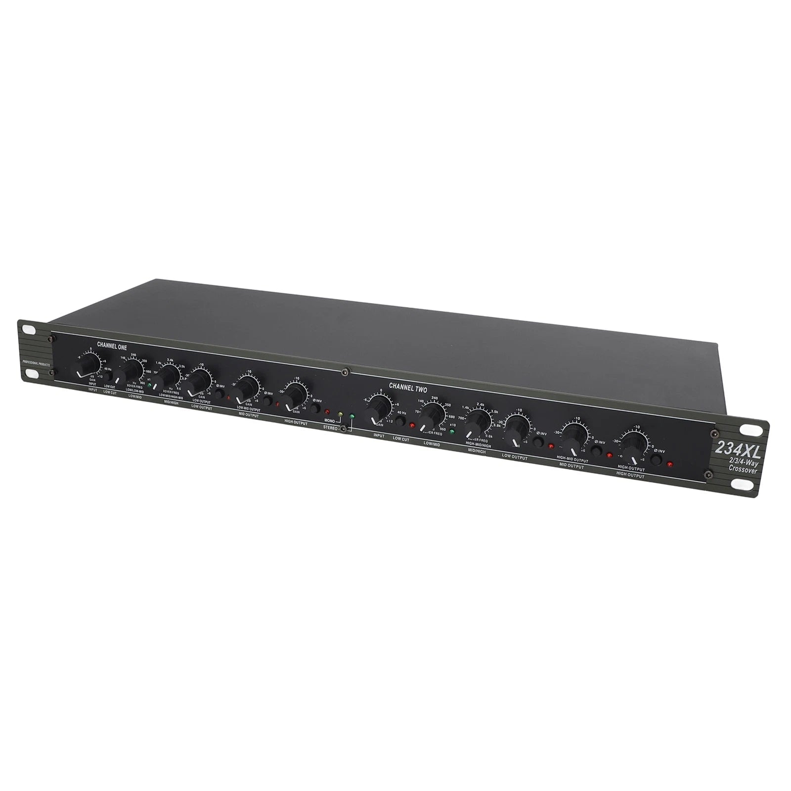 dbx 234XL crossover front panel showing mode switches, filter controls, and output level knobs