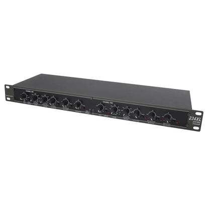 dbx 234XL crossover front panel showing mode switches, filter controls, and output level knobs