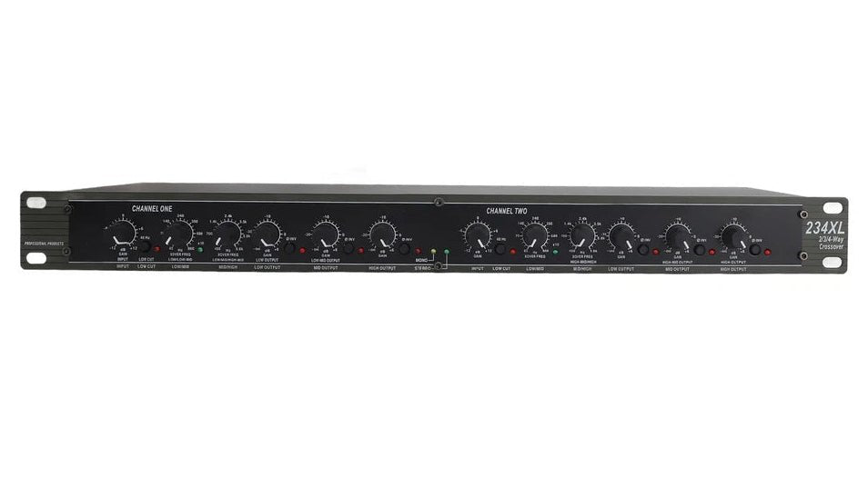 dbx 234XL crossover front panel showing mode switches, filter controls, and output level knobs