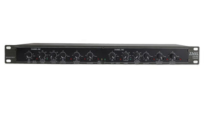 dbx 234XL crossover front panel showing mode switches, filter controls, and output level knobs