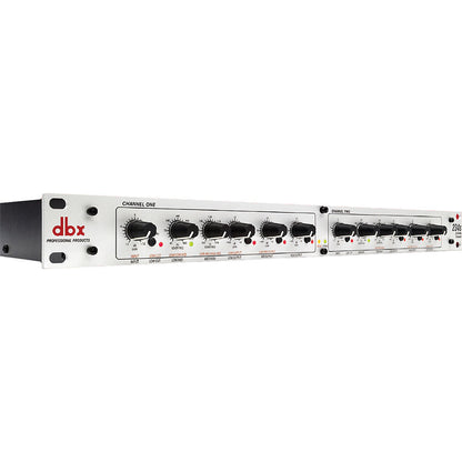 dbx 234xs Kenya PA crossover angled front view showing silver faceplate, black controls and left rack ear