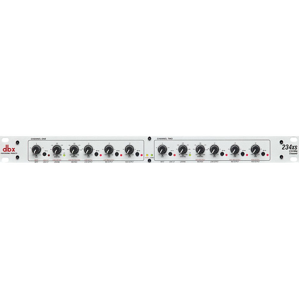 dbx 234xs Kenya PA crossover straight-on front view showing both channels and rackmount faceplate