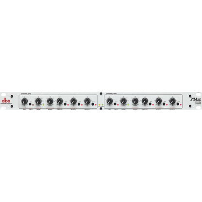 dbx 234xs Kenya PA crossover straight-on front view showing both channels and rackmount faceplate