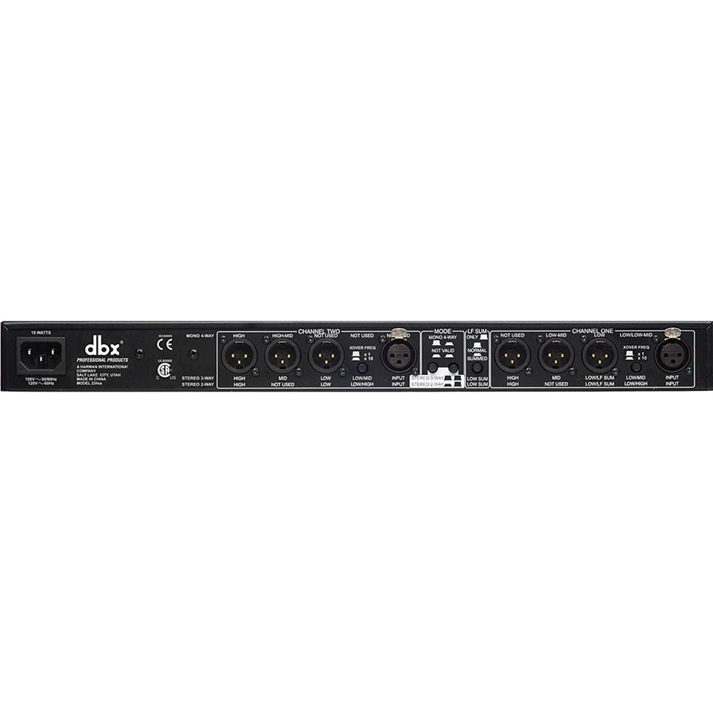 dbx 234xs Kenya PA crossover rear panel showing XLR connections, mode switches and power inlet