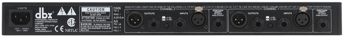 DBX 266XL compressor rear panel with balanced XLR and TRS inputs and outputs for professional signal chain connectivity