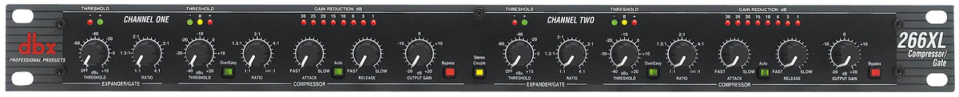 DBX 266XL compressor front panel showing dual-channel controls, OverEasy knobs, and LED gain reduction meters