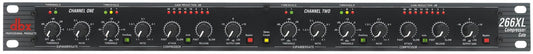 DBX 266XL compressor front panel showing dual-channel controls, OverEasy knobs, and LED gain reduction meters