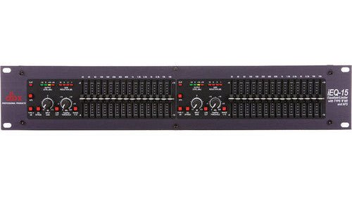 dbx iE-Q15 EQ Limiter front panel showing dual-channel 15-band graphic EQ sliders and limiter controls
