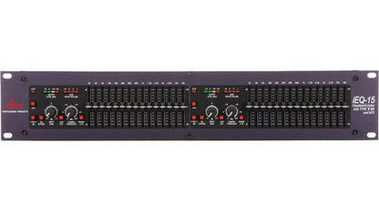 dbx iE-Q15 EQ Limiter front panel showing dual-channel 15-band graphic EQ sliders and limiter controls